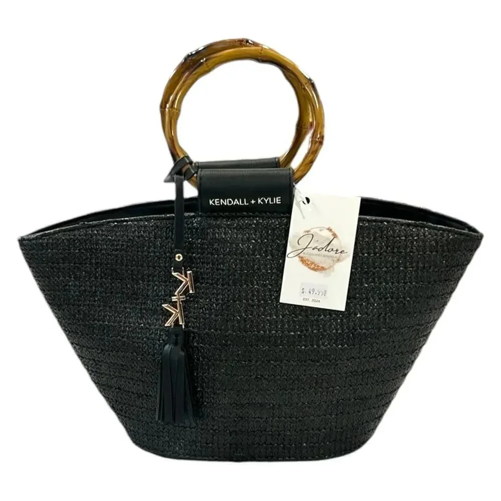 Kendall & Kylie Black Woven Tote with Brown Bamboo Handles NWOT